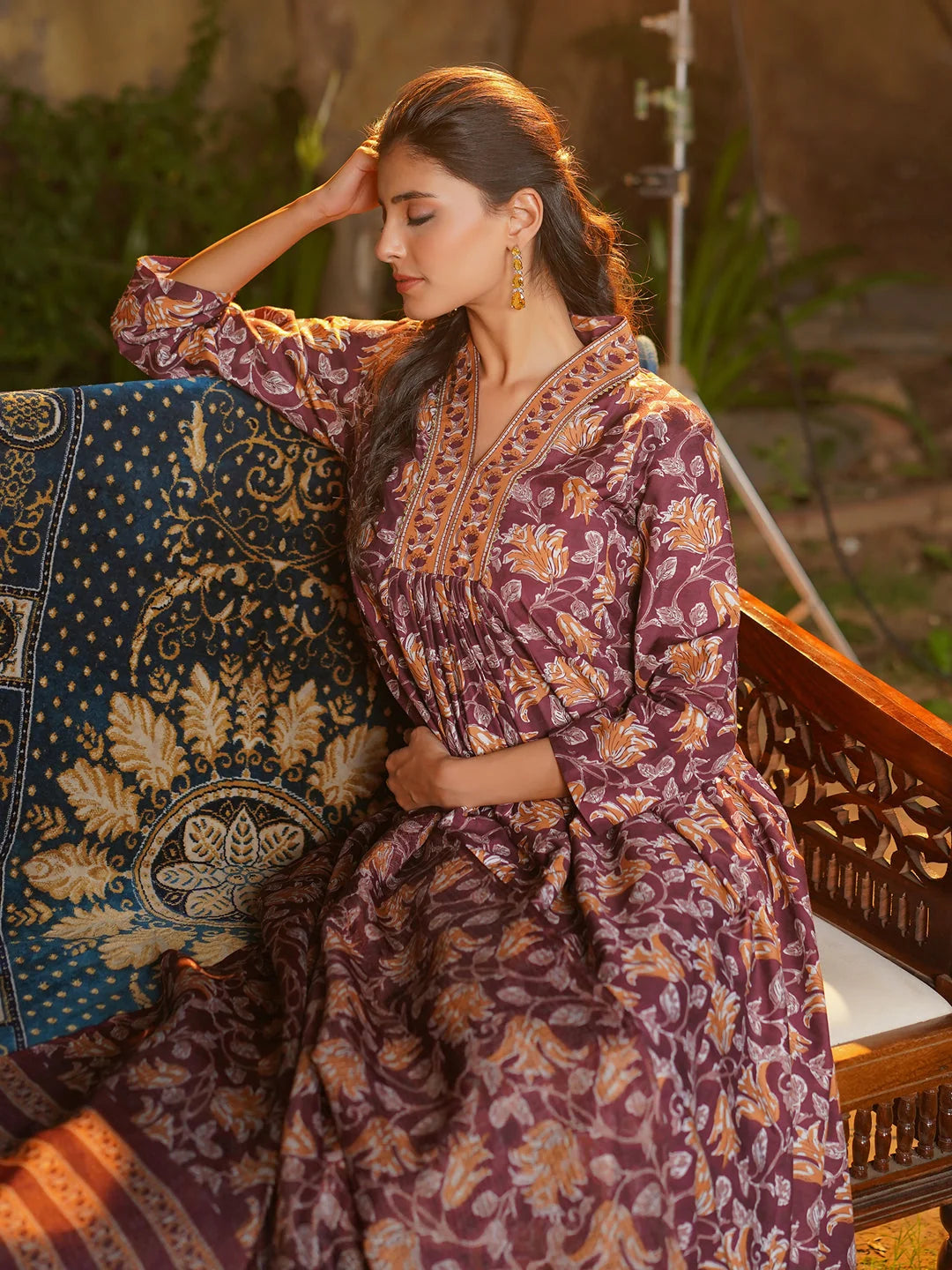 Women Brown Rayon Blend Floral Printed A-Line Kurta Palazzos With Dupatta