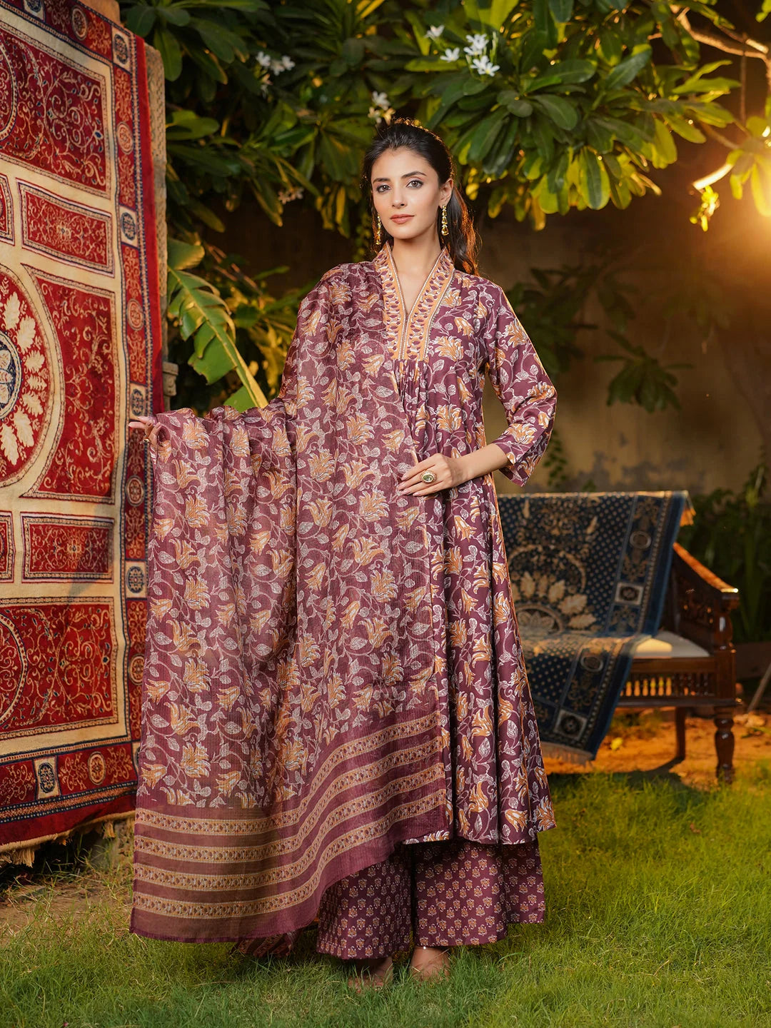 Women Brown Rayon Blend Floral Printed A-Line Kurta Palazzos With Dupatta