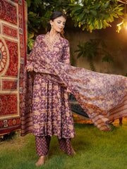 Women Brown Rayon Blend Floral Printed A-Line Kurta Palazzos With Dupatta-VKSKD2365