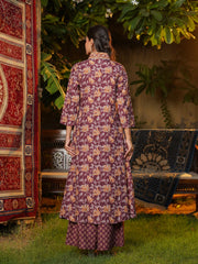 Women Brown Rayon Blend Floral Printed A-Line Kurta Palazzos With Dupatta-VKSKD2365