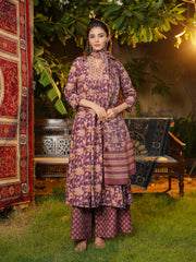 Women Brown Rayon Blend Floral Printed A-Line Kurta Palazzos With Dupatta-VKSKD2365