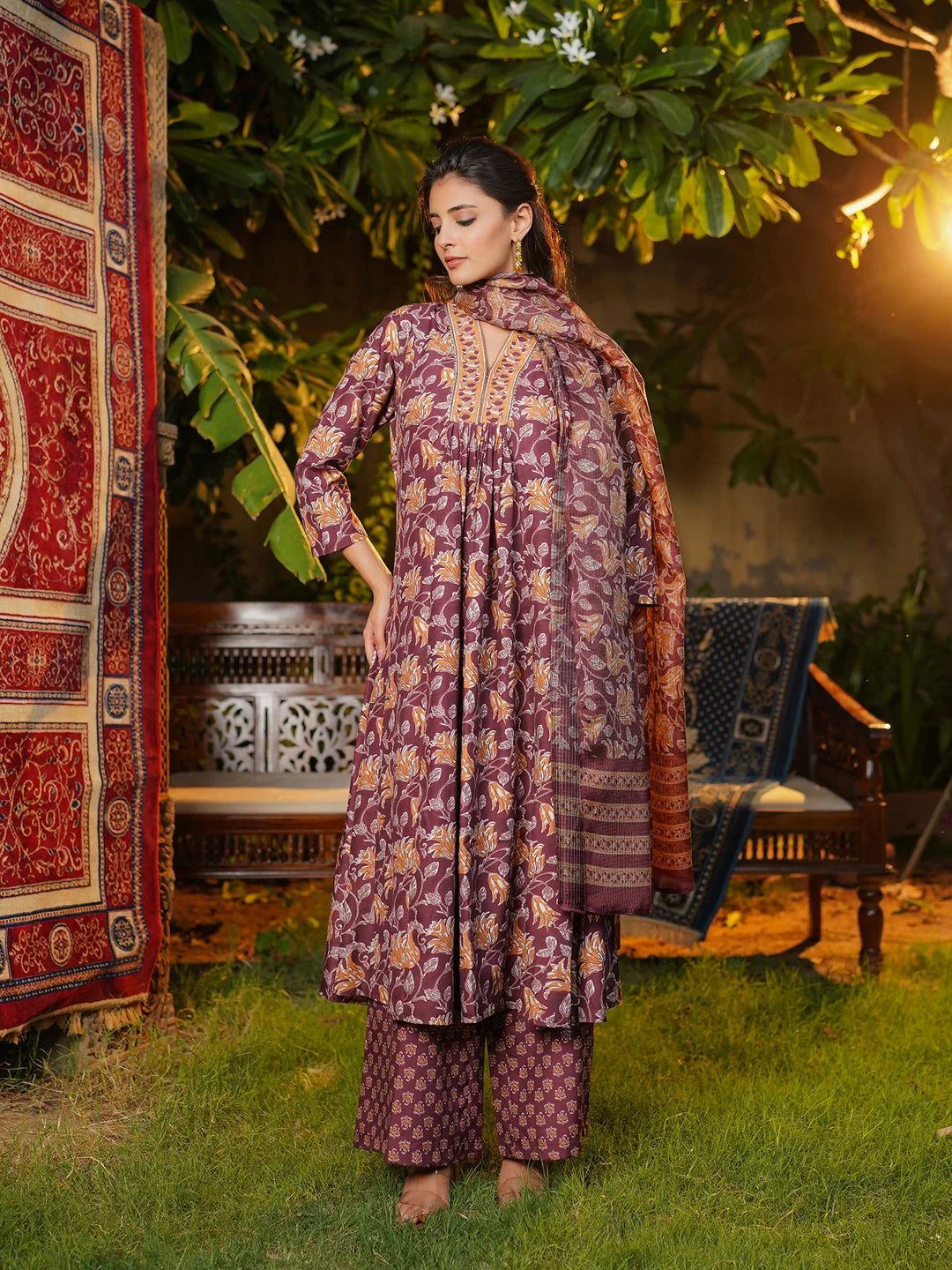 Women Brown Rayon Blend Floral Printed A-Line Kurta Palazzos With Dupatta