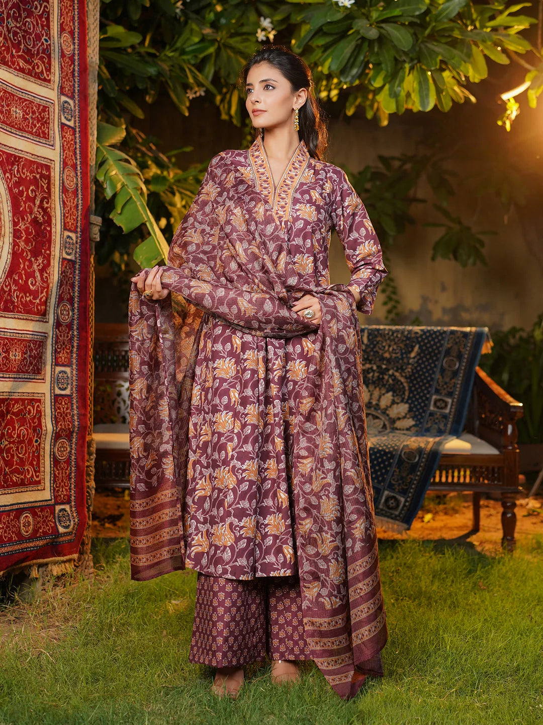 Women Brown Rayon Blend Floral Printed A-Line Kurta Palazzos With Dupatta