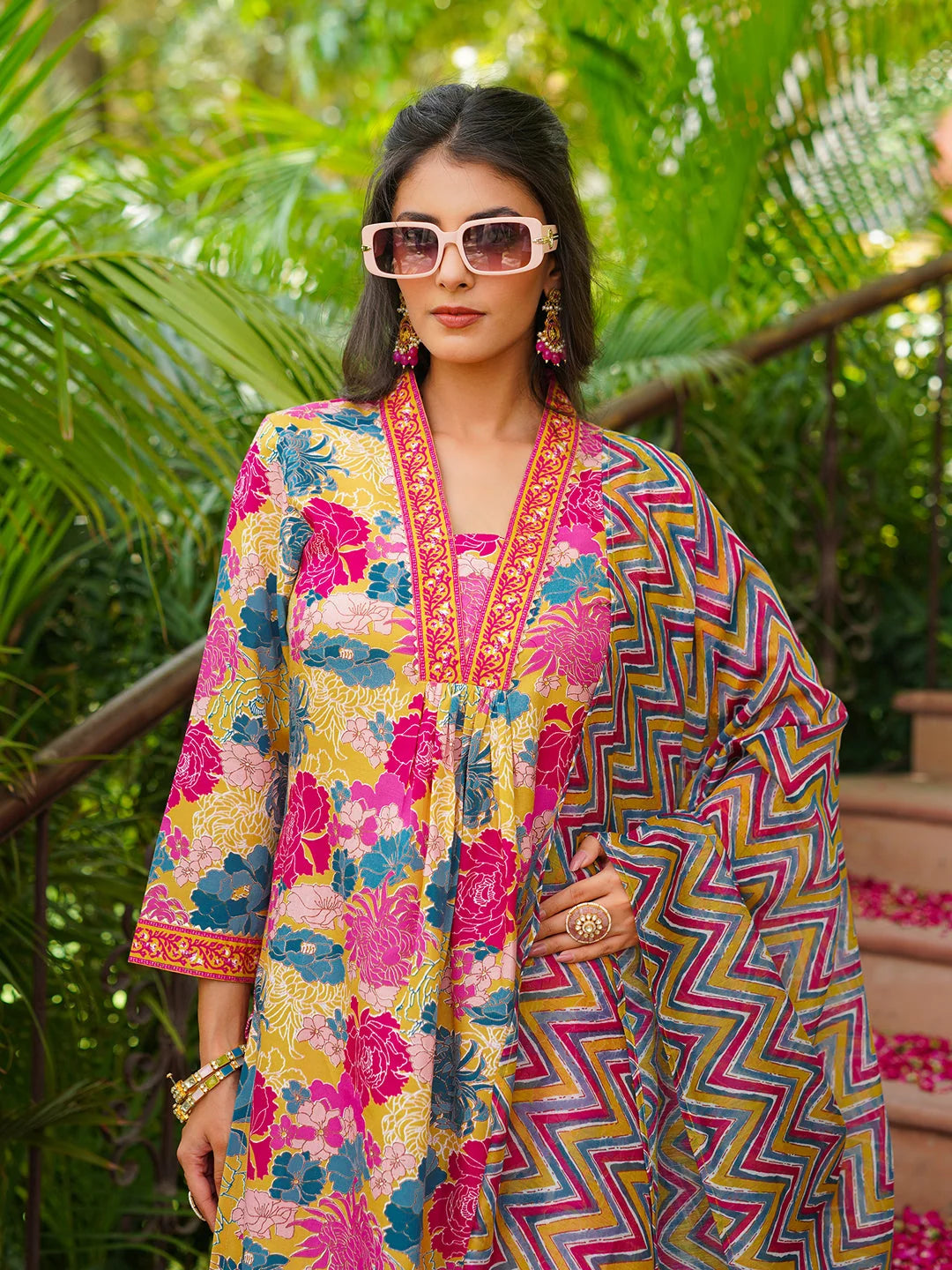 Women Yellow Rayon Blend Floral Printed Straight Kurta Palazzos With Dupatta-VKSKD2366