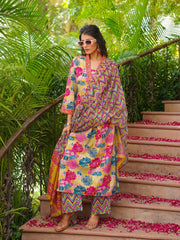 Women Yellow Rayon Blend Floral Printed Straight Kurta Palazzos With Dupatta-VKSKD2366