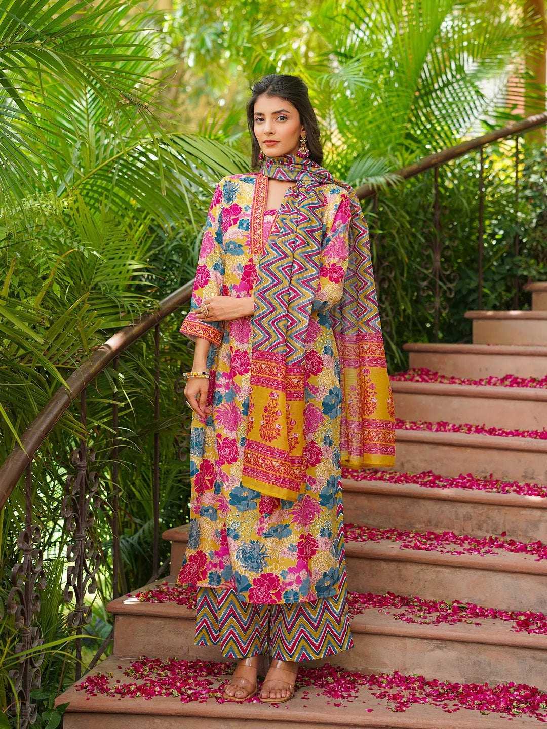 Women Yellow Rayon Blend Floral Printed Straight Kurta Palazzos With Dupatta