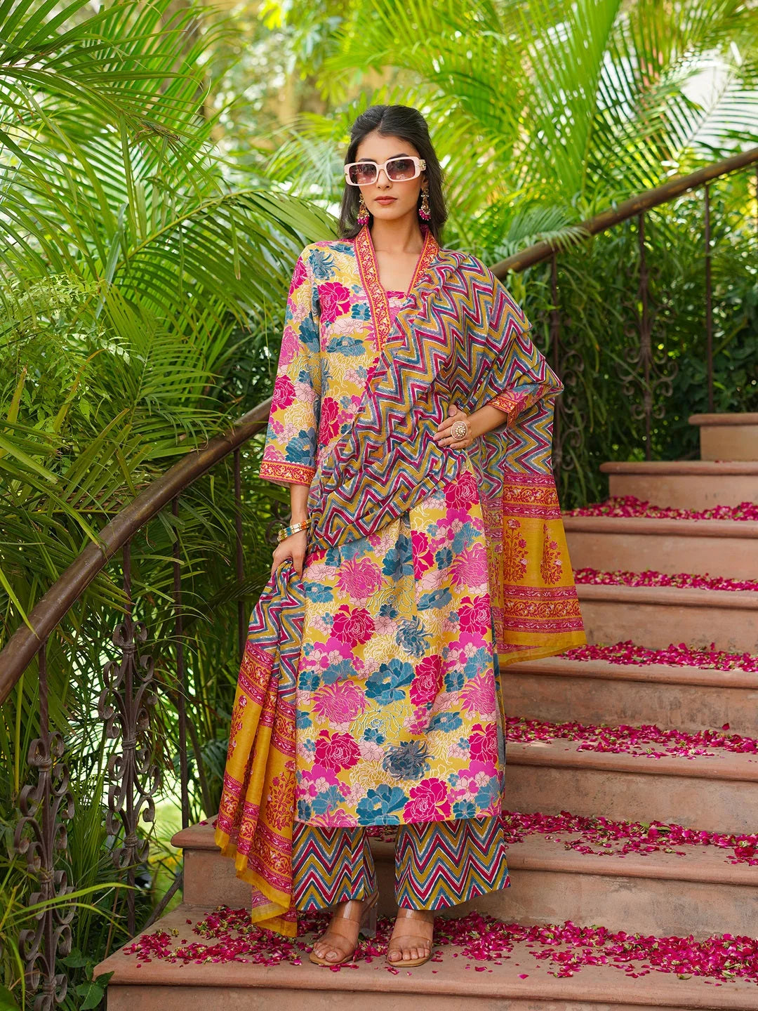 Women Yellow Rayon Blend Floral Printed Straight Kurta Palazzos With Dupatta