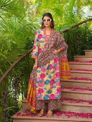 Women Yellow Rayon Blend Floral Printed Straight Kurta Palazzos With Dupatta-VKSKD2366