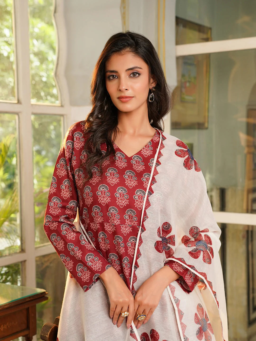 Women Maroon Rayon Blend Floral Printed A-Line Kurta Palazzos With Dupatta