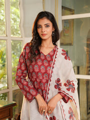 Women Maroon Rayon Blend Floral Printed A-Line Kurta Palazzos With Dupatta-VKSKD2367