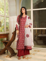 Women Maroon Rayon Blend Floral Printed A-Line Kurta Palazzos With Dupatta-VKSKD2367