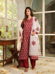 Women Maroon Rayon Blend Floral Printed A-Line Kurta Palazzos With Dupatta-VKSKD2367