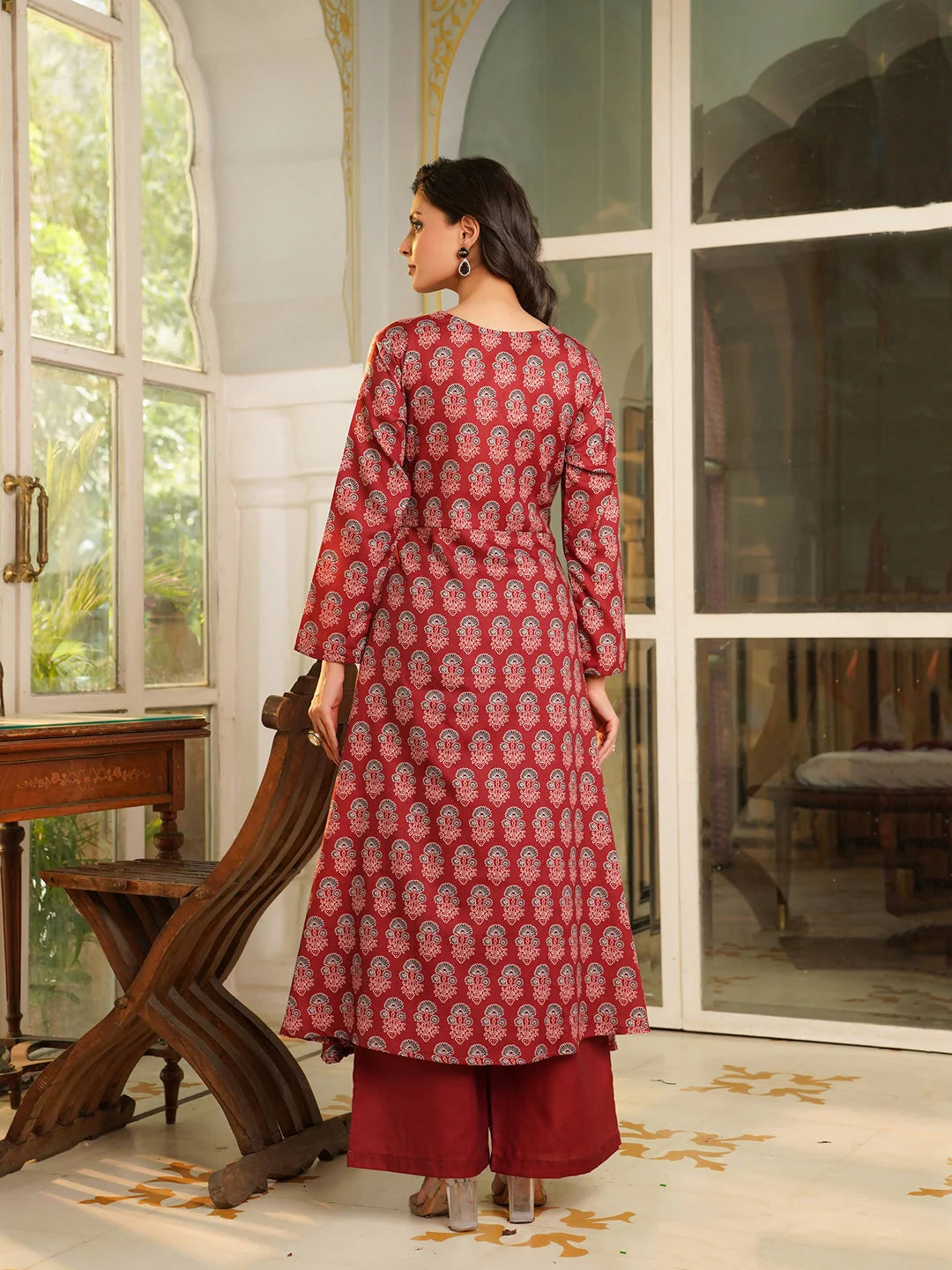 Women Maroon Rayon Blend Floral Printed A-Line Kurta Palazzos With Dupatta