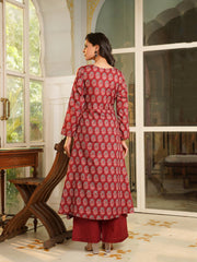 Women Maroon Rayon Blend Floral Printed A-Line Kurta Palazzos With Dupatta-VKSKD2367
