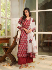 Women Maroon Rayon Blend Floral Printed A-Line Kurta Palazzos With Dupatta-VKSKD2367
