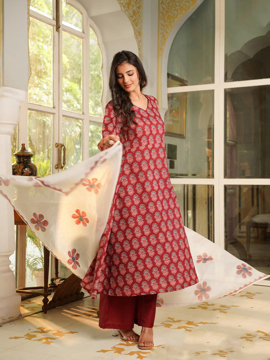 Women Maroon Rayon Blend Floral Printed A-Line Kurta Palazzos With Dupatta
