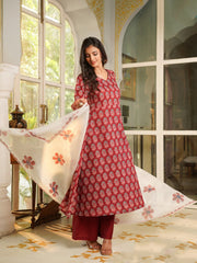 Women Maroon Rayon Blend Floral Printed A-Line Kurta Palazzos With Dupatta-VKSKD2367
