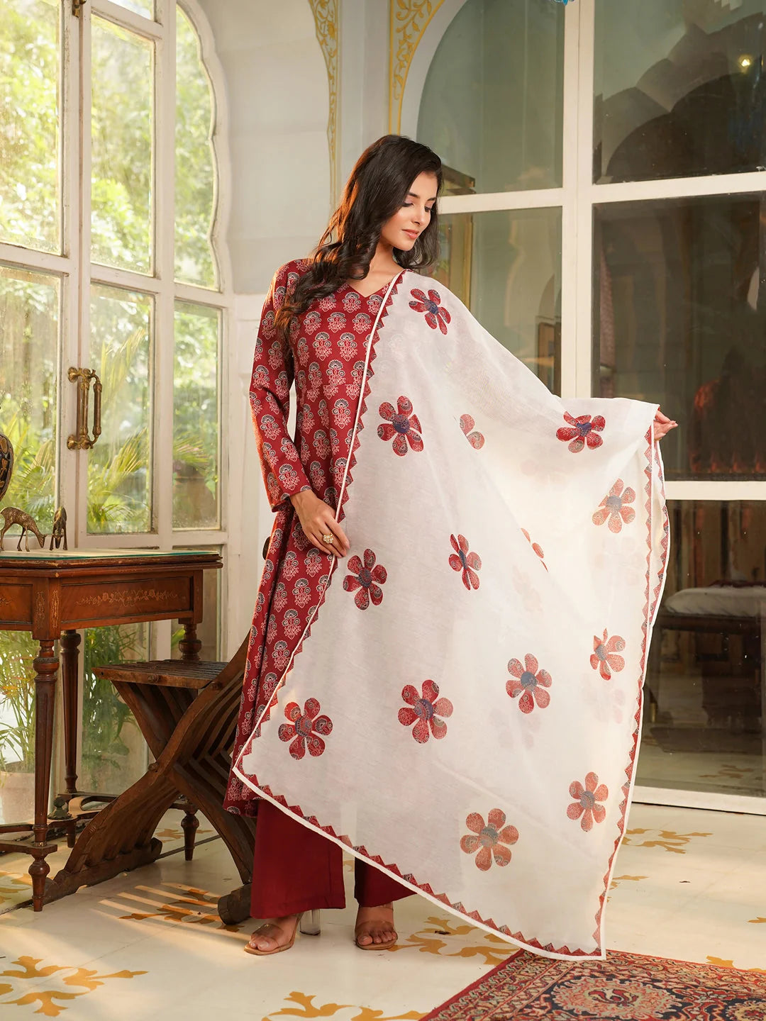 Women Maroon Rayon Blend Floral Printed A-Line Kurta Palazzos With Dupatta