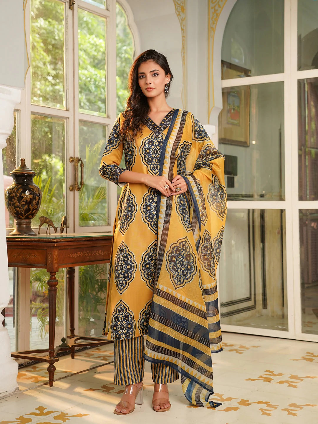 Women Yellow Rayon Blend Ethnic Motifs Printed Straight Kurta Trousers With Dupatta