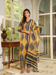 Women Yellow Rayon Blend Ethnic Motifs Printed Straight Kurta Trousers With Dupatta-VKSKD2368