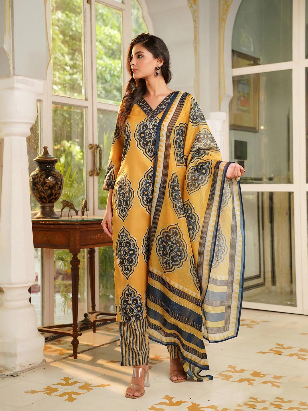Women Yellow Rayon Blend Ethnic Motifs Printed Straight Kurta Trousers With Dupatta