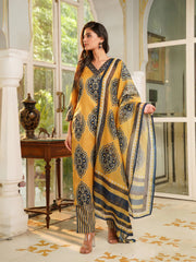 Women Yellow Rayon Blend Ethnic Motifs Printed Straight Kurta Trousers With Dupatta-VKSKD2368