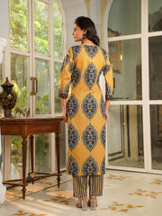 Women Yellow Rayon Blend Ethnic Motifs Printed Straight Kurta Trousers With Dupatta-VKSKD2368