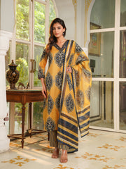 Women Yellow Rayon Blend Ethnic Motifs Printed Straight Kurta Trousers With Dupatta-VKSKD2368