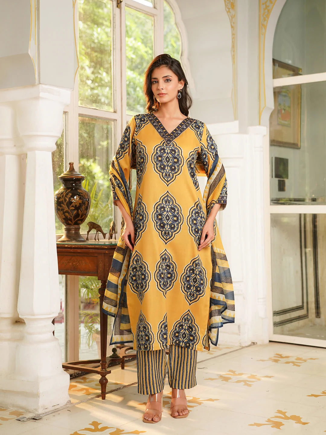 Women Yellow Rayon Blend Ethnic Motifs Printed Straight Kurta Trousers With Dupatta