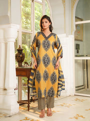 Women Yellow Rayon Blend Ethnic Motifs Printed Straight Kurta Trousers With Dupatta-VKSKD2368