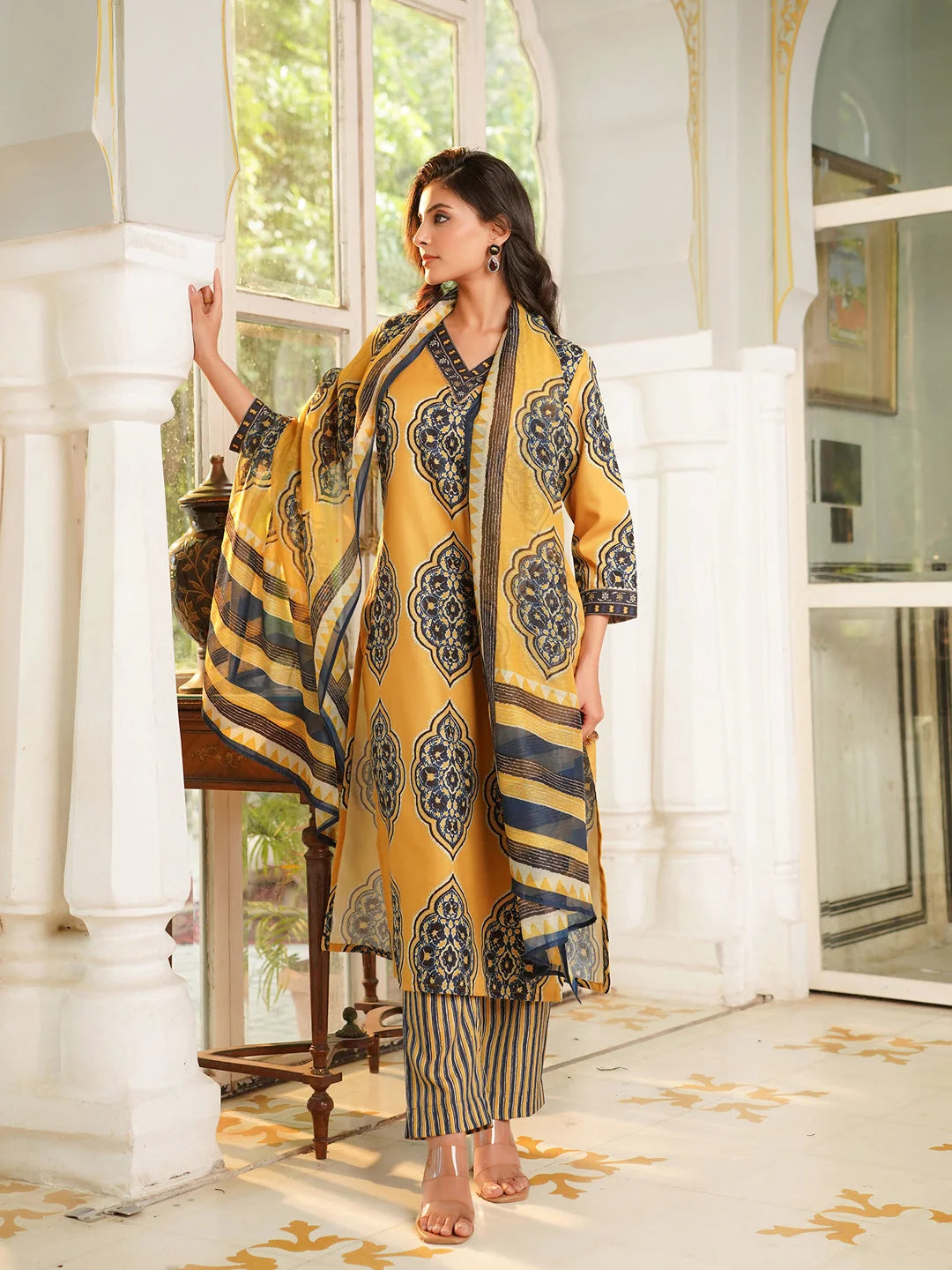 Women Yellow Rayon Blend Ethnic Motifs Printed Straight Kurta Trousers With Dupatta