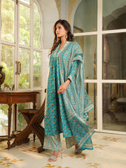 Women Turquoise Blue Rayon Blend Floral Printed Straight Kurta Trouser with Dupatta-VKSKD2369