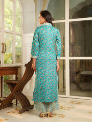 Women Turquoise Blue Rayon Blend Floral Printed Straight Kurta Trouser with Dupatta-VKSKD2369