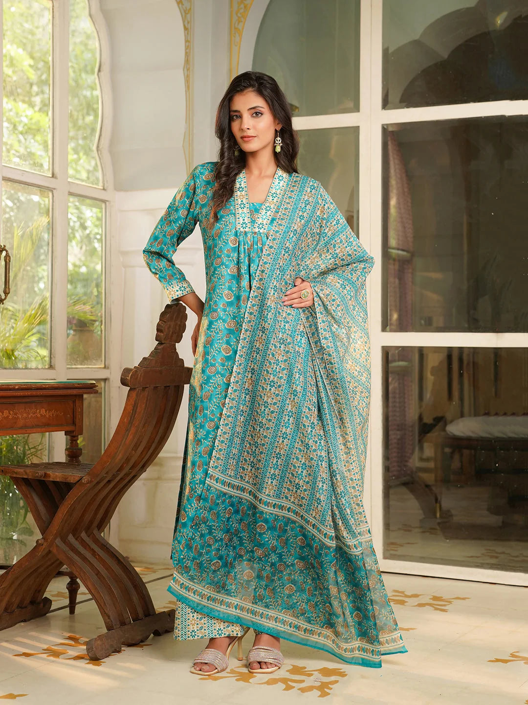 Women Turquoise Blue Rayon Blend Floral Printed Straight Kurta Trouser with Dupatta