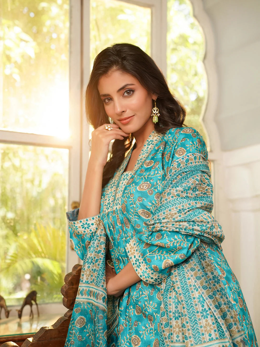 Women Turquoise Blue Rayon Blend Floral Printed Straight Kurta Trouser with Dupatta