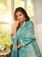 Women Turquoise Blue Rayon Blend Floral Printed Straight Kurta Trouser with Dupatta-VKSKD2369