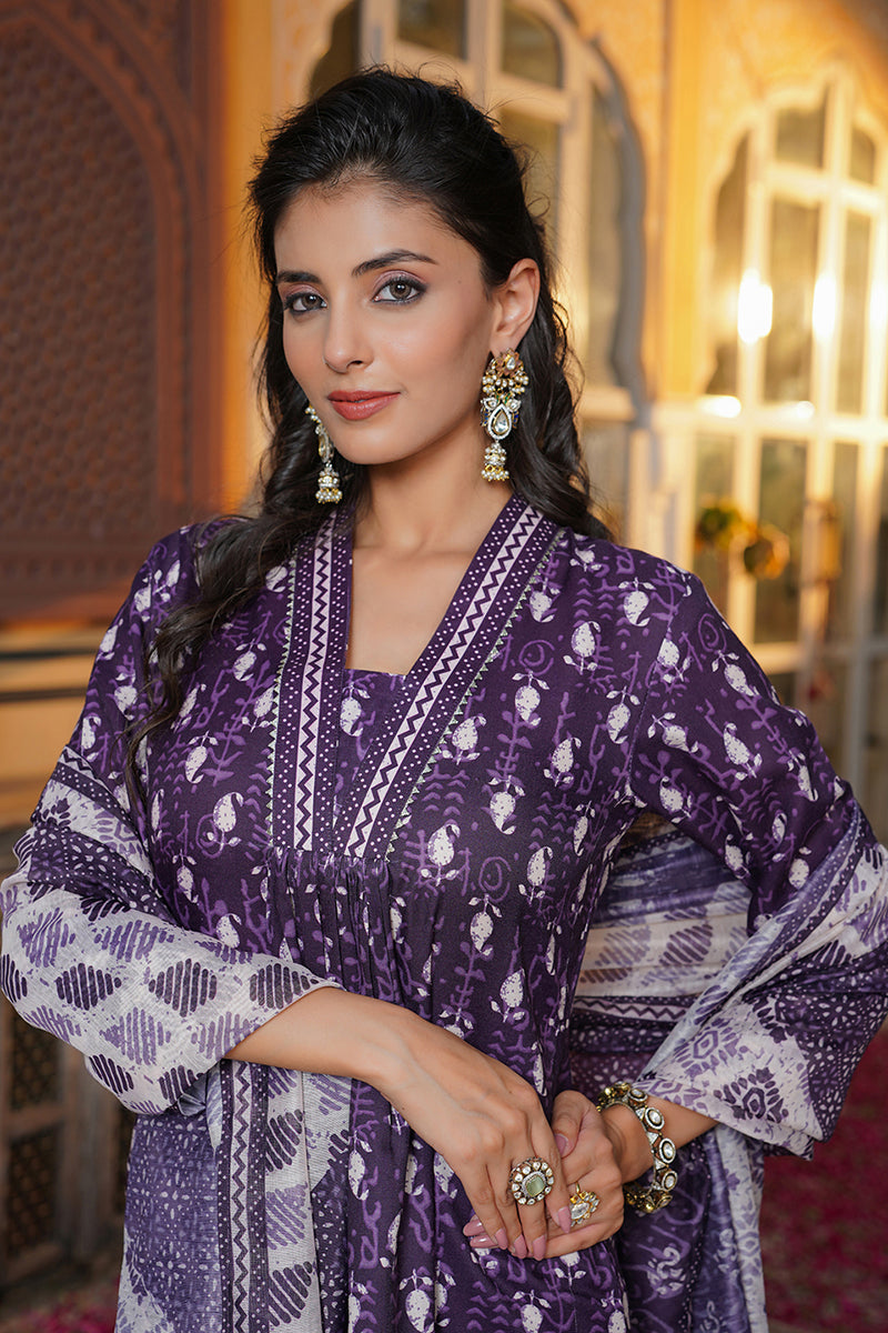 Purple Rayon Blend Batik Printed Straight Kurta Palazzo With Dupatta SETVKSKD2370 (M To 3XL Set)
