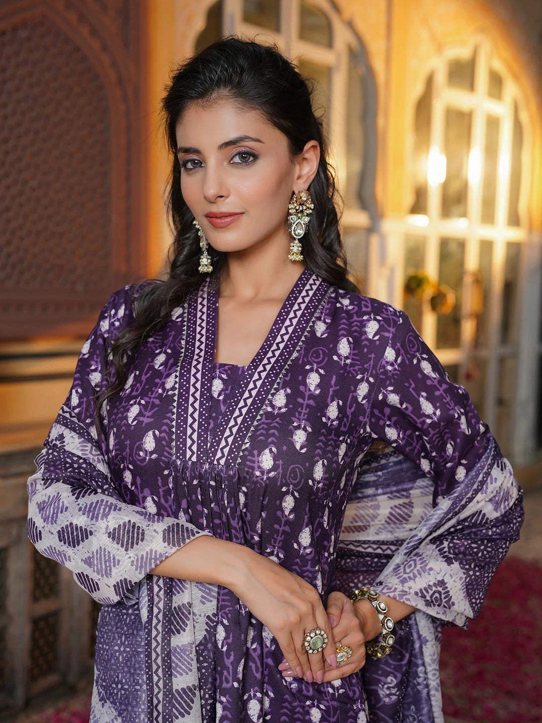 Women Purple Rayon Blend Batik Printed Straight Kurta Palazzos With Dupatta-VKSKD2370