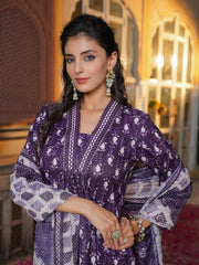 Women Purple Rayon Blend Batik Printed Straight Kurta Palazzos With Dupatta-VKSKD2370