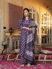 Women Purple Rayon Blend Batik Printed Straight Kurta Palazzos With Dupatta-VKSKD2370