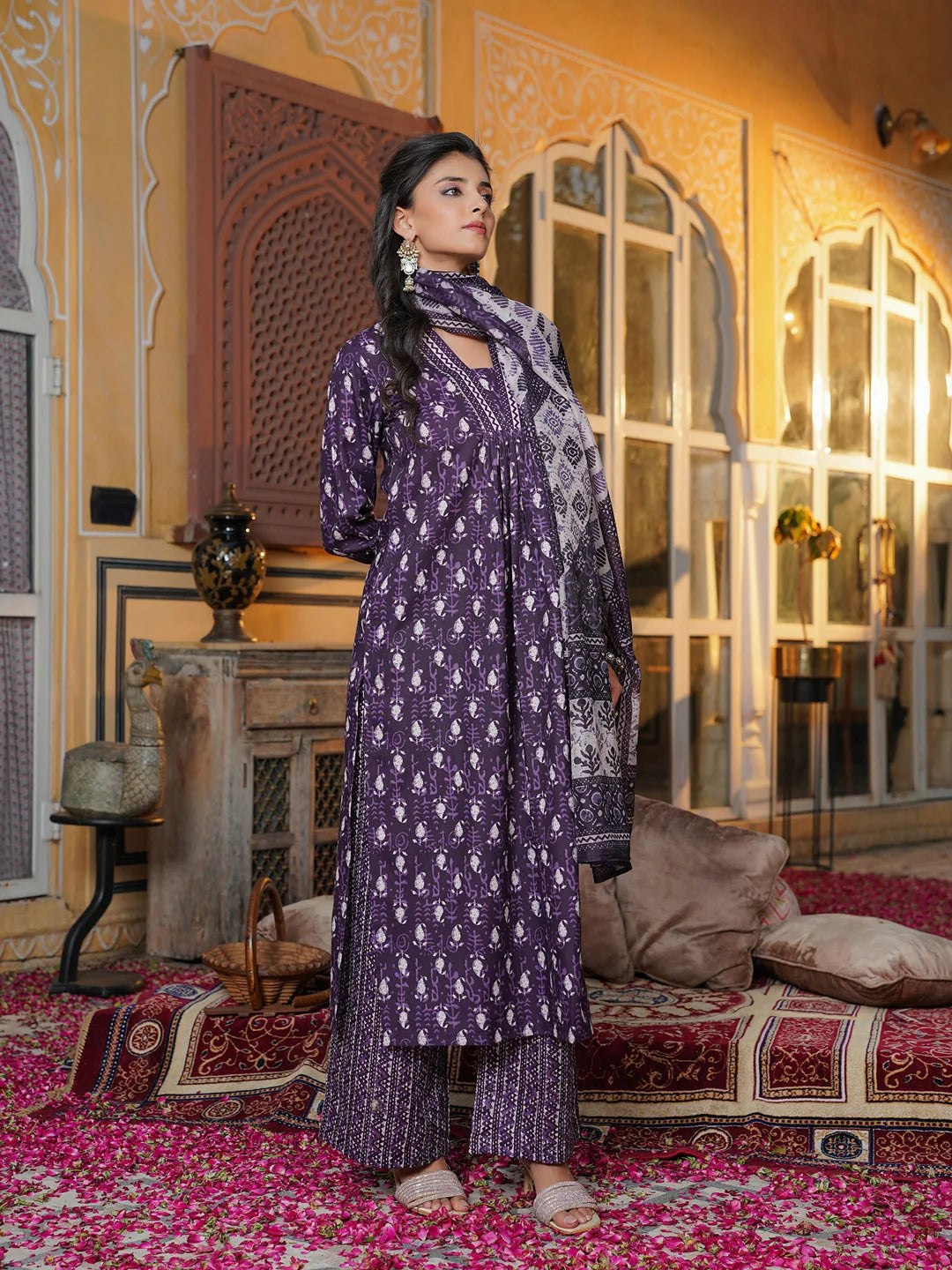 Women Purple Rayon Blend Batik Printed Straight Kurta Palazzos With Dupatta
