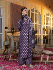 Women Purple Rayon Blend Batik Printed Straight Kurta Palazzos With Dupatta-VKSKD2370