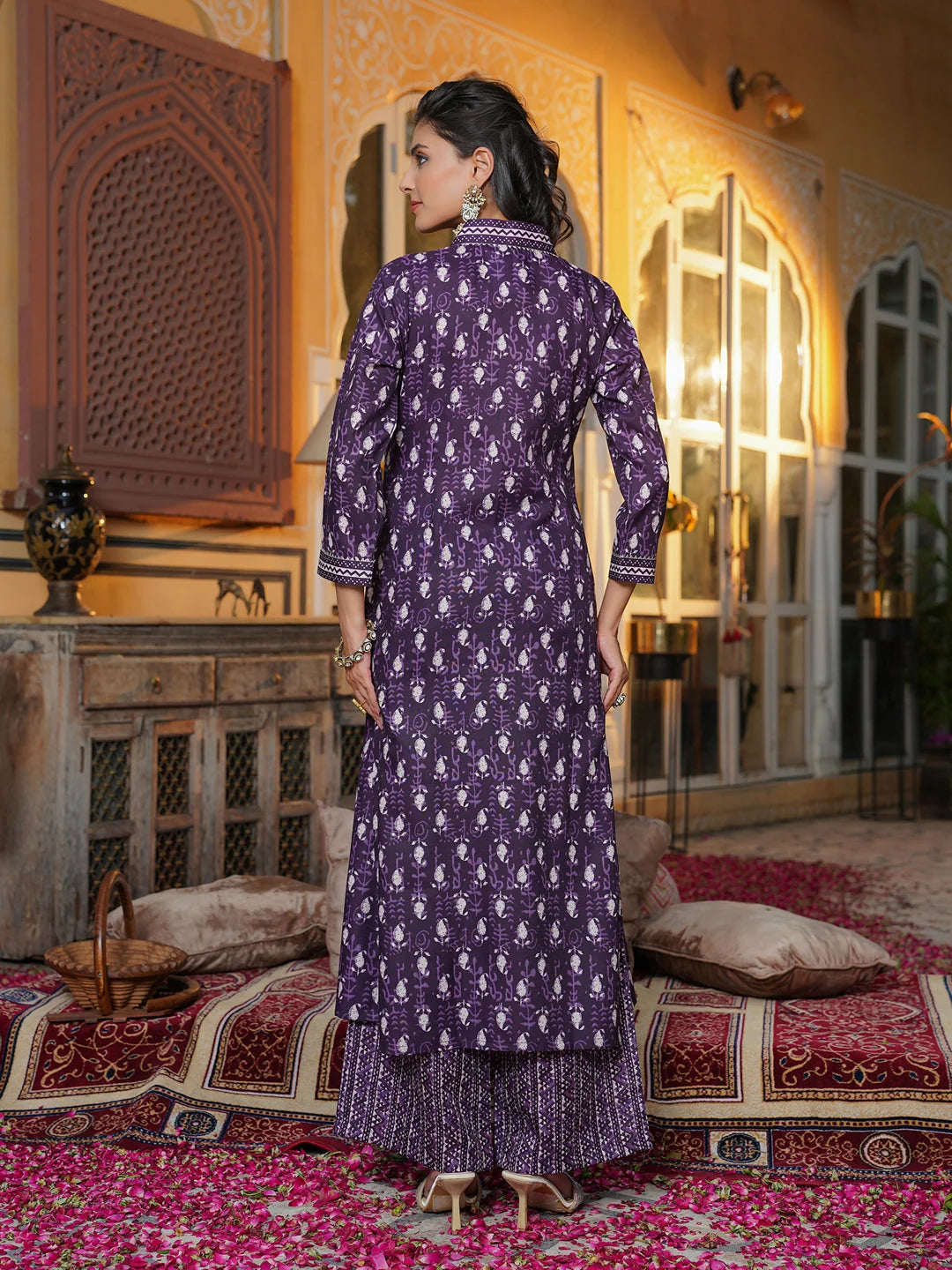 Women Purple Rayon Blend Batik Printed Straight Kurta Palazzos With Dupatta