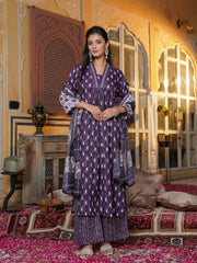 Women Purple Rayon Blend Batik Printed Straight Kurta Palazzos With Dupatta-VKSKD2370