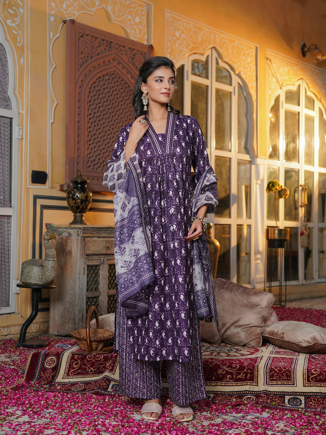Women Purple Rayon Blend Batik Printed Straight Kurta Palazzos With Dupatta