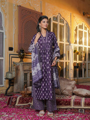 Women Purple Rayon Blend Batik Printed Straight Kurta Palazzos With Dupatta-VKSKD2370