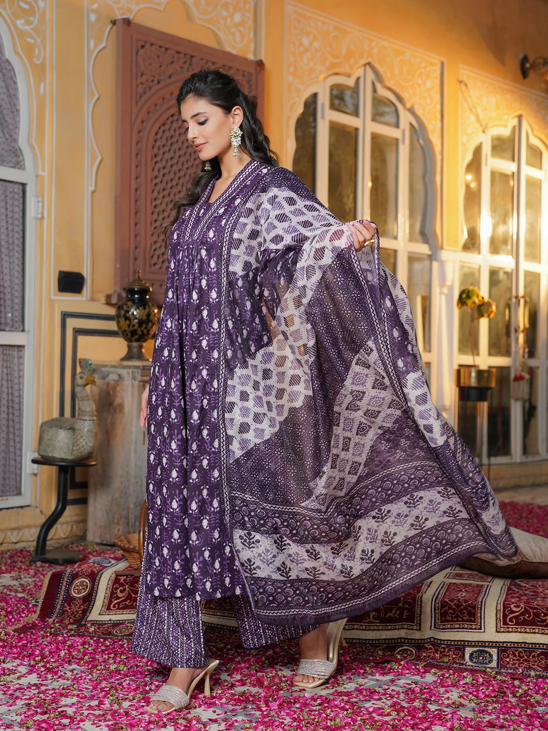 Women Purple Rayon Blend Batik Printed Straight Kurta Palazzos With Dupatta