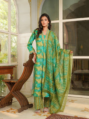 Women Green Rayon Blend Ethnic Motifs Printed Straight Kurta Palazzos With Dupatta-VKSKD2371
