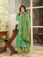 Women Green Rayon Blend Ethnic Motifs Printed Straight Kurta Palazzos With Dupatta-VKSKD2371
