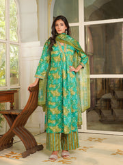 Women Green Rayon Blend Ethnic Motifs Printed Straight Kurta Palazzos With Dupatta-VKSKD2371